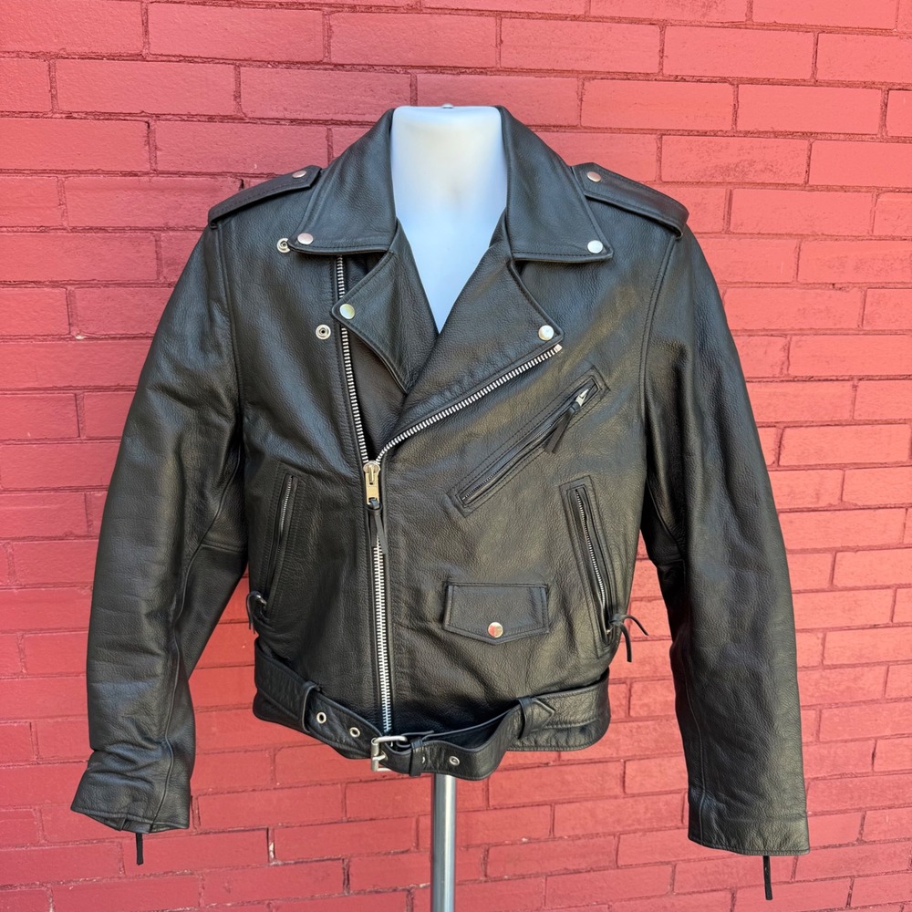 FMC Mens Black Leather Biker Jacket Size 40 Belted Asymmetrical Zip Moto Jacket